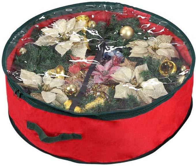 RAM PREMIUM LUXURY RED CHRISTMAS XMAS WREATH STORAGE BAG DECORATION CASE WITH CLEAR ZIP