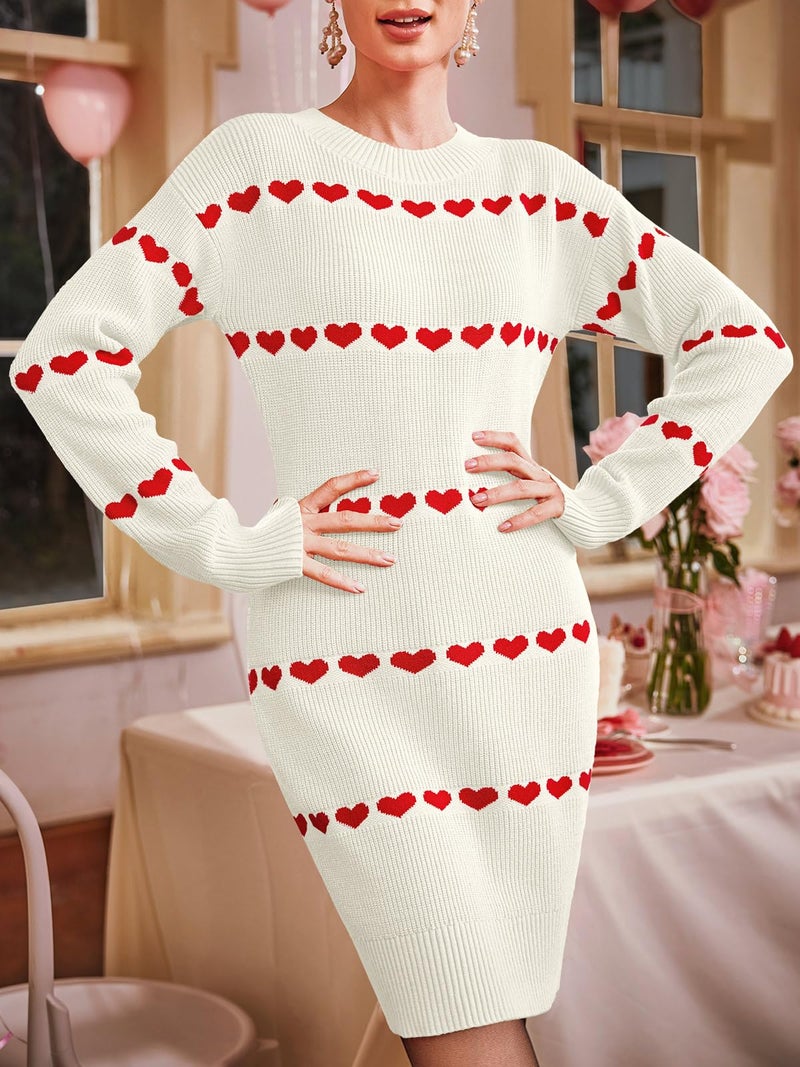 Wenrine Womens Long Sleeve Sweater Dress Fall Knit Heart Crewneck Cute Valentines Bodycon Mini Dresses White - Image 3