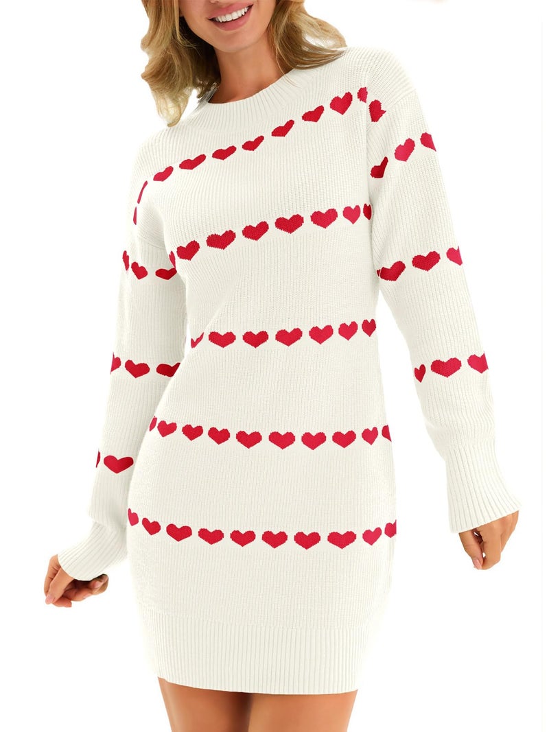 Wenrine Womens Long Sleeve Sweater Dress Fall Knit Heart Crewneck Cute Valentines Bodycon Mini Dresses White - Image 1
