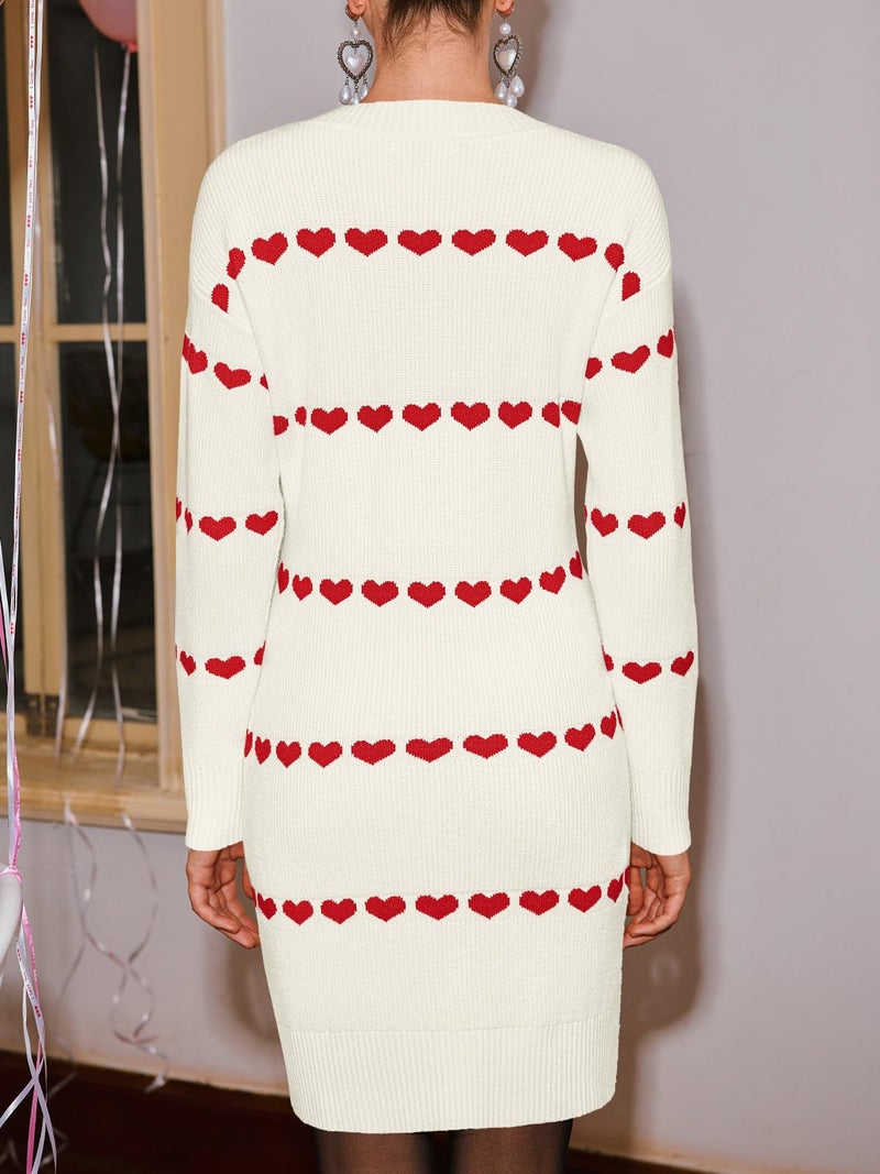 Wenrine Womens Long Sleeve Sweater Dress Fall Knit Heart Crewneck Cute Valentines Bodycon Mini Dresses White - Image 5