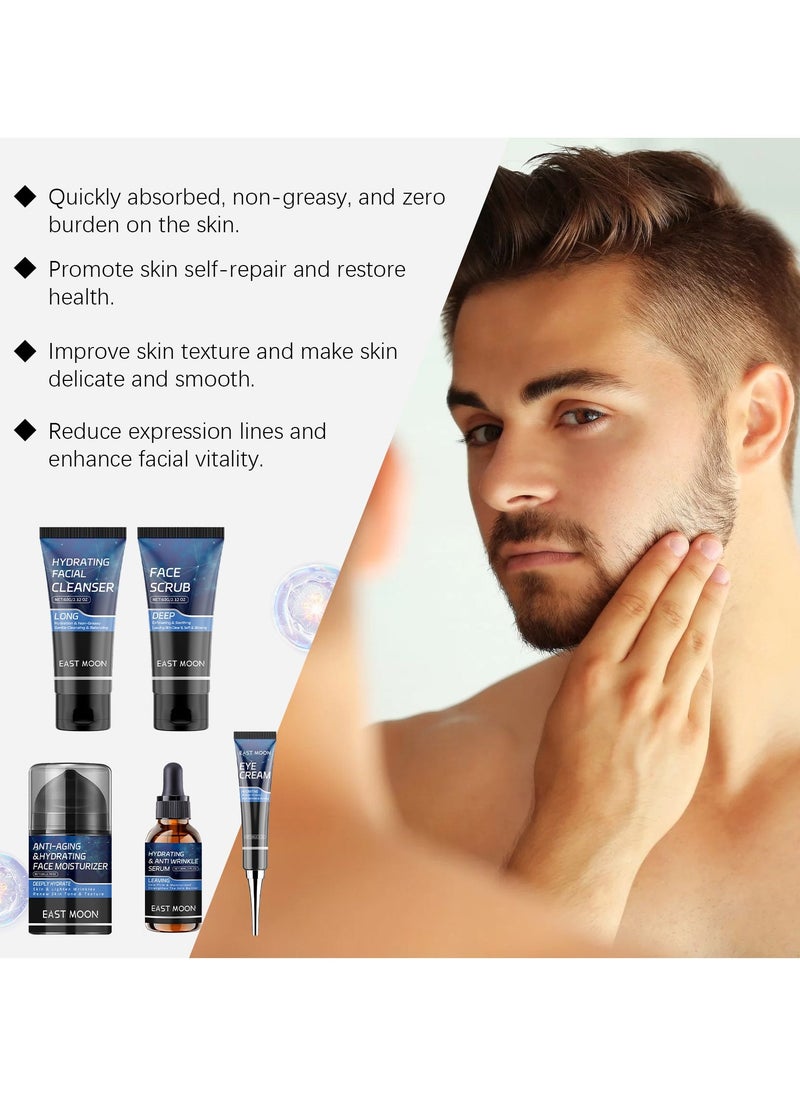 East Moon Men's Essential Skincare Gift Set - Gentle Cleansing, Deep Moisturizing, & Nourishing, Comprehensive Set with Facial Cleanser, Scrub, Serum, Eye Cream, & Moisturizer for Firmer, Brighter, Smooth Skin - Image 2