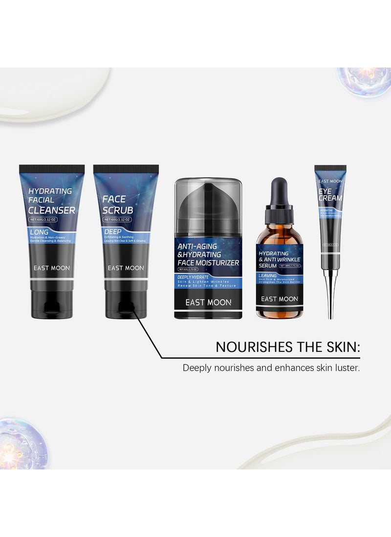 East Moon Men's Essential Skincare Gift Set - Gentle Cleansing, Deep Moisturizing, & Nourishing, Comprehensive Set with Facial Cleanser, Scrub, Serum, Eye Cream, & Moisturizer for Firmer, Brighter, Smooth Skin - Image 5