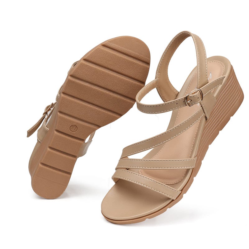SHIBEVER Wedge Sandals for Women Dressy: Summer Low Platform Size 9 Casual Sandals - Comfortable Wedges Comfy Apricot Womens - Image 4
