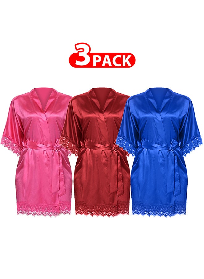 MARGOUN 3 Pack Large Size Women Satin Robe Belted Silky Robe Sleepwear Bridal Robe Kimono Lace Sleeve Nightgown /L(bust:84-88/waist:68-72) - Image 1