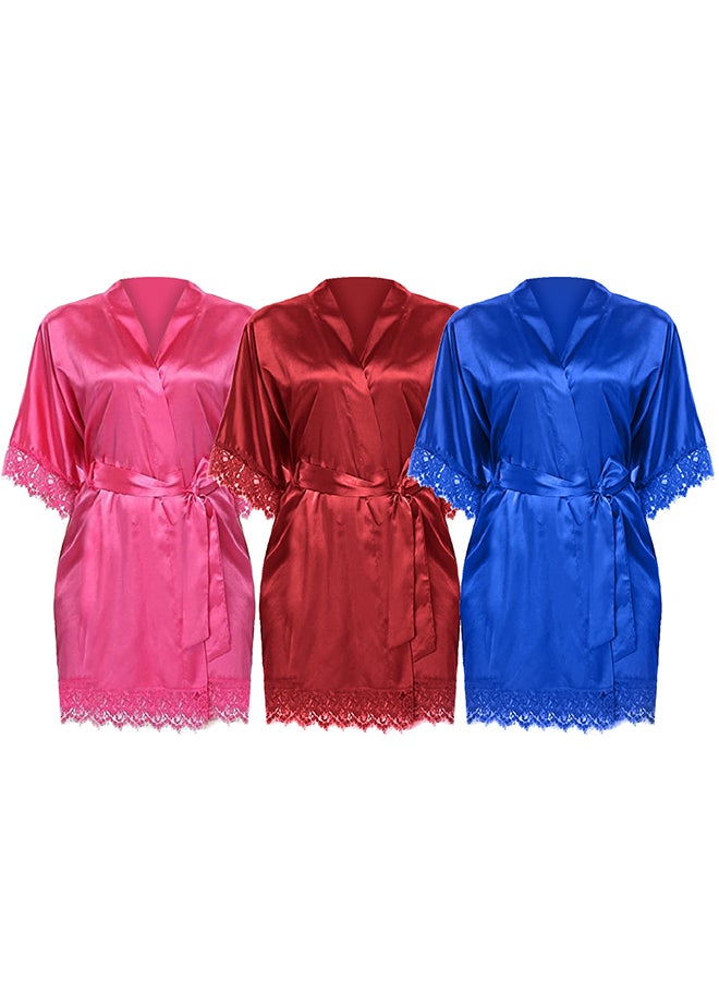 MARGOUN 3 Pack Large Size Women Satin Robe Belted Silky Robe Sleepwear Bridal Robe Kimono Lace Sleeve Nightgown /L(bust:84-88/waist:68-72) - Image 3