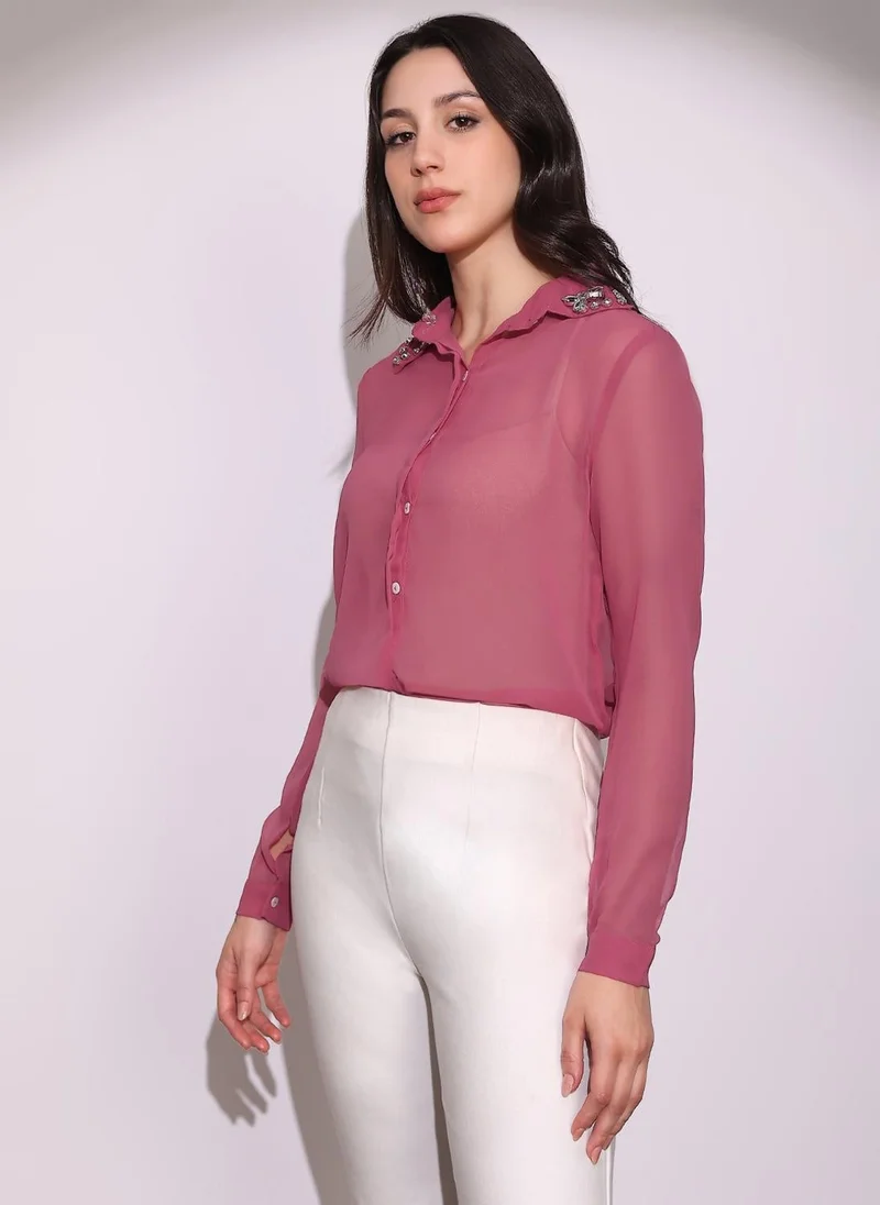جلو باص Globus Women Pink Embellished Collar Cuffed Sleeves Curved Hem Georgette Sheer Party Shirt