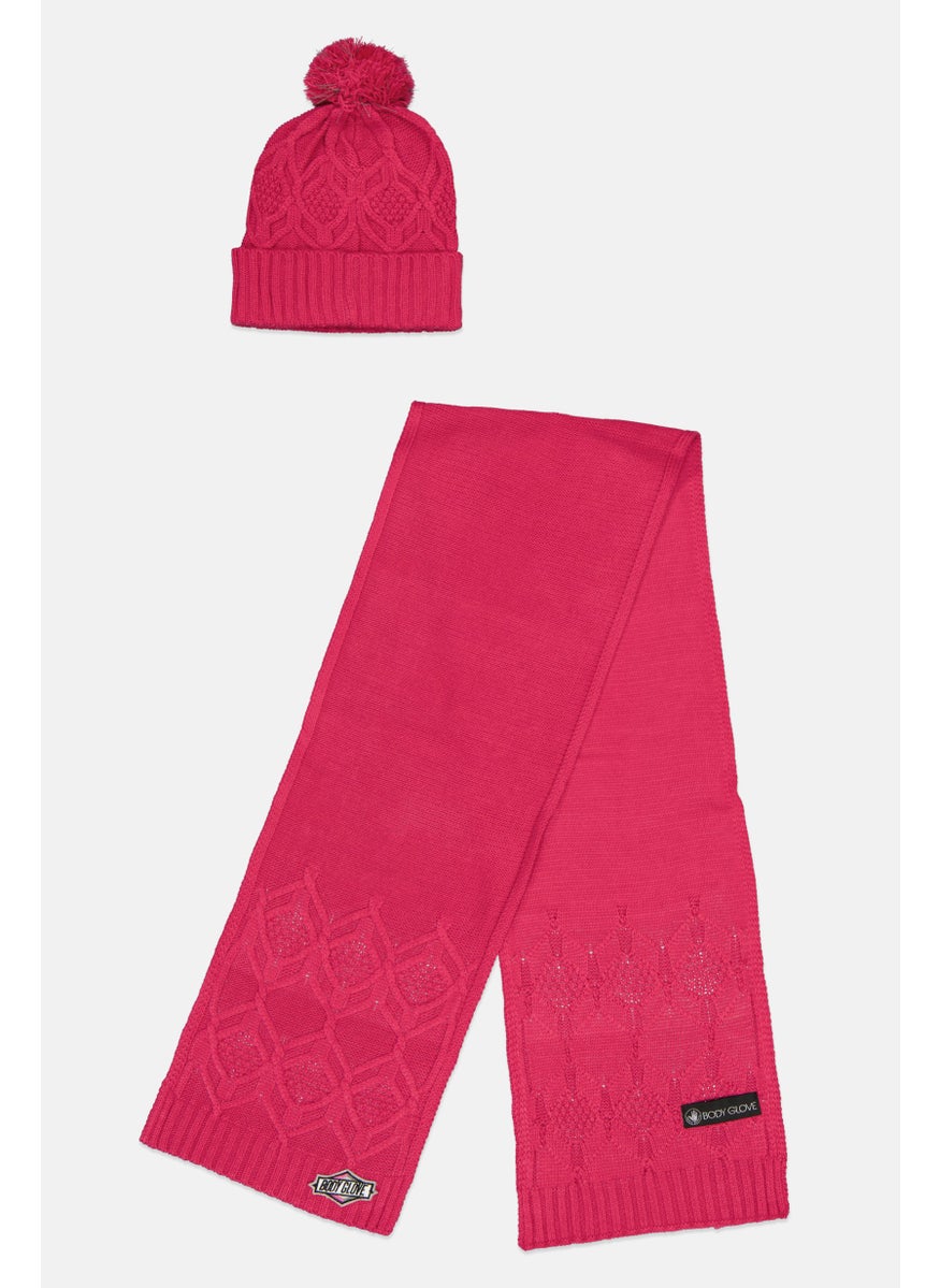 Body Glove - Women Embroidered Scarves With Beanie Set, Pink - Image 1