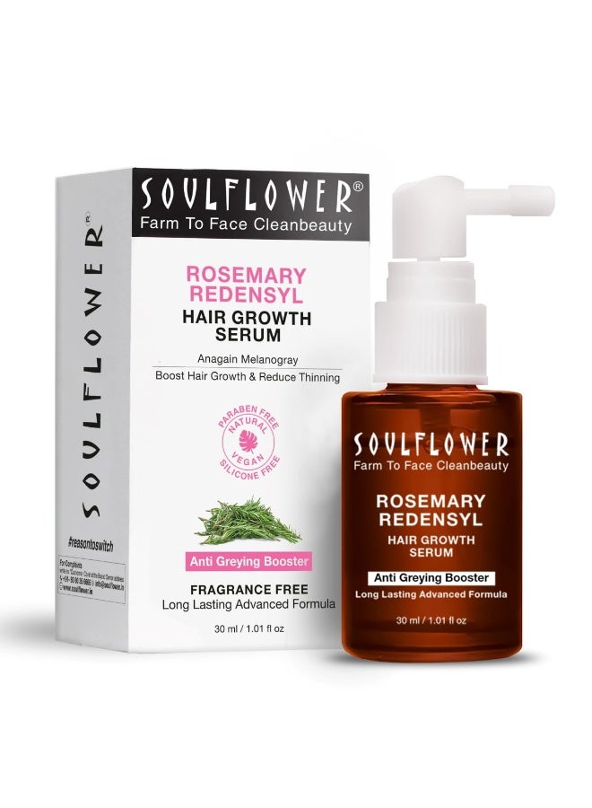 Soulflower Hair Growth Serum, Rosemary Oil, 3% Redensyl, 4% Anagain, Caffeine, Melanogray, Biotin, Rice Water, Clinically Tested on Real people, Hair growth & Hair fall control for Women & Men | 30ml - Image 1