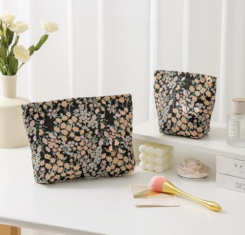 getgto 2 Pcs Makeup Bags Large Cosmetic Bag Travel Toiletry Bag Organizer for Women Embroidery Craft Floral Makeup Bag Small Cosmetic Pouch Purse with Zipper Gifts for Girls Teen - Image 3