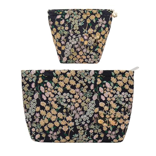 getgto 2 Pcs Makeup Bags Large Cosmetic Bag Travel Toiletry Bag Organizer for Women Embroidery Craft Floral Makeup Bag Small Cosmetic Pouch Purse with Zipper Gifts for Girls Teen - Image 1