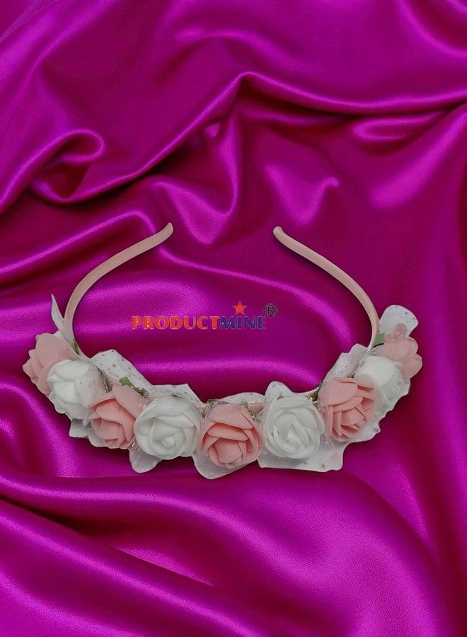 PRODUCTMINE طوق شعر مزين بالزهور من PRODUCTMINE® باللونين الأبيض والخوخي، إكسسوارات شعر مزينة بالزهور، طوق رأس مزين بالزهور للنساء والفتيات، تاج زفاف للنساء - صناعي: قطعة واحدة - Image 3