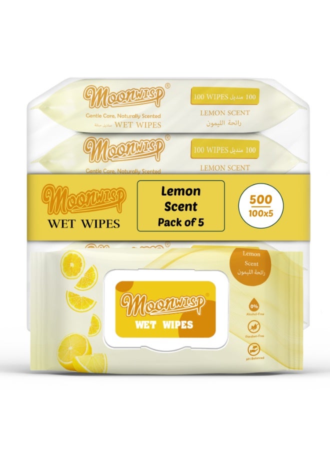 Moonwisp Wet Wipes for Cleaning & Hand Sanitizing, Lemon Scented, All Purpose, Moisturizing Wet Tissue for Face & Body, Travel-Friendly Wipes for Adults & Kids - (500 Count - Pack 5) - Image 1