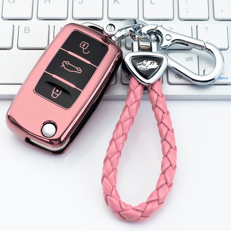 Suitable for Volkswagen key case buckle cover, Langxing new Sagitar, Weiling, Bora, Lavida, Jetta, Polo Tiguan Volkswagen Model A-Folding 3-button [Rose Pink] Single Shell + Triangular Braided Rope Double Buckle - Image 1