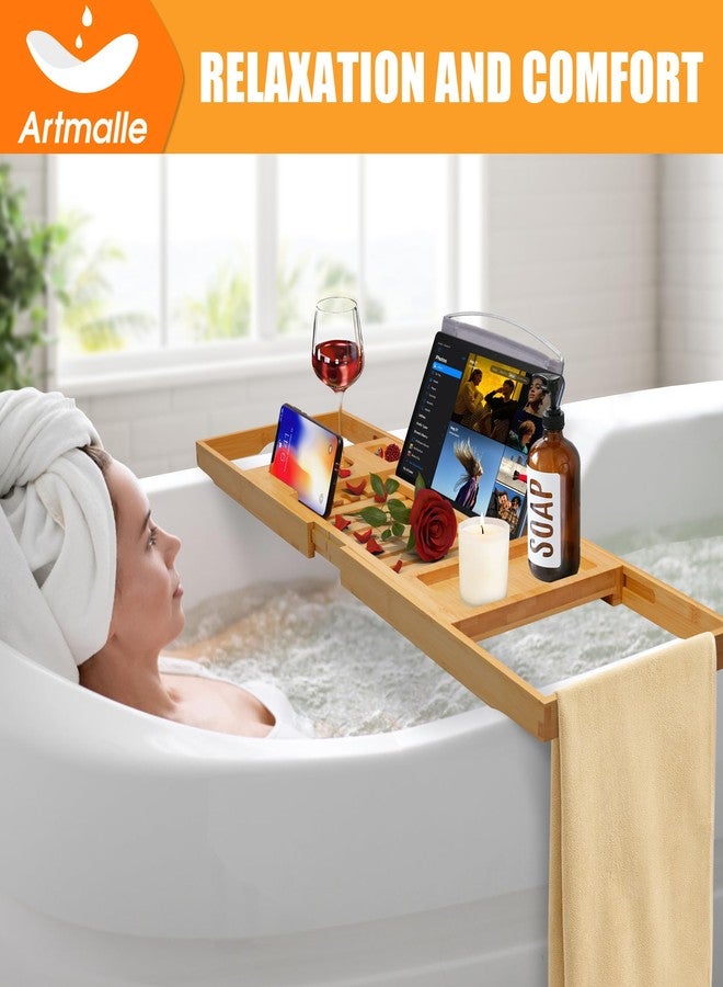 Artmalle Luxury Bathtub Caddy Tray for Tub - Foldable Bamboo Bath Table Tray with Book and Wine Glass Holder, Expandable Bathroom Accessories for Spa or Reading Lite Style - Image 2
