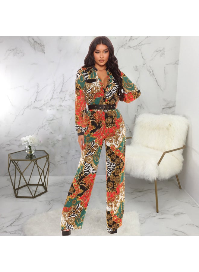 Women's Autumn And Winter New V-neck Fashion Digital Printing Jumpsuit Women