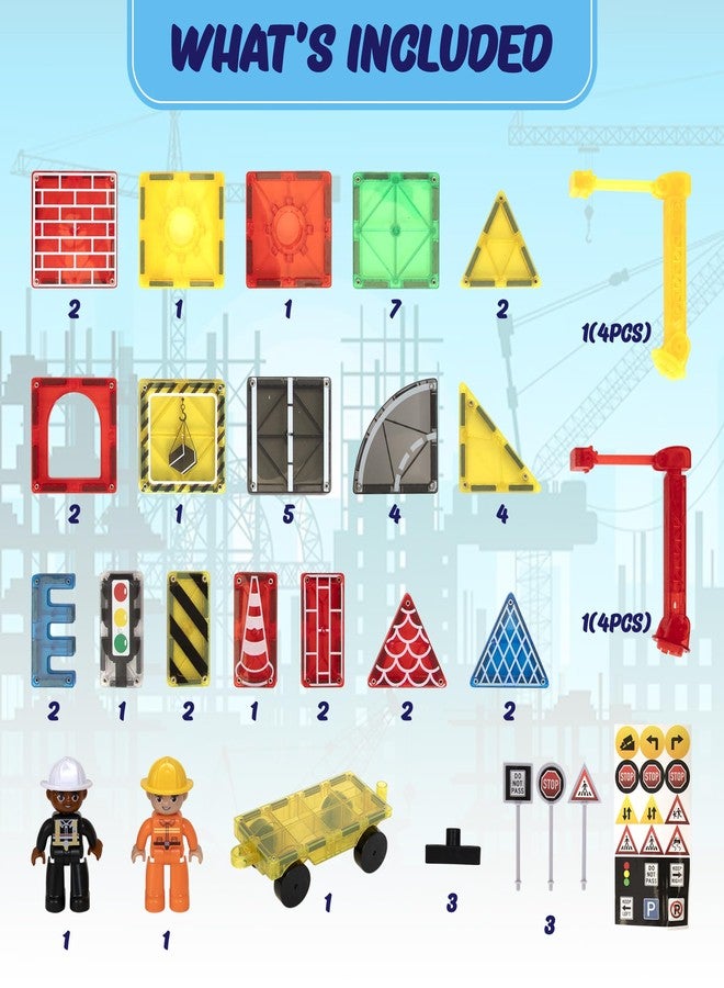 Playmags City Construction Magnetic Tiles Set, Building Blocks with Crane & Road Pieces, Educational STEM Toys for Boys & Girls Ages 3+ 52-Piece - Image 2