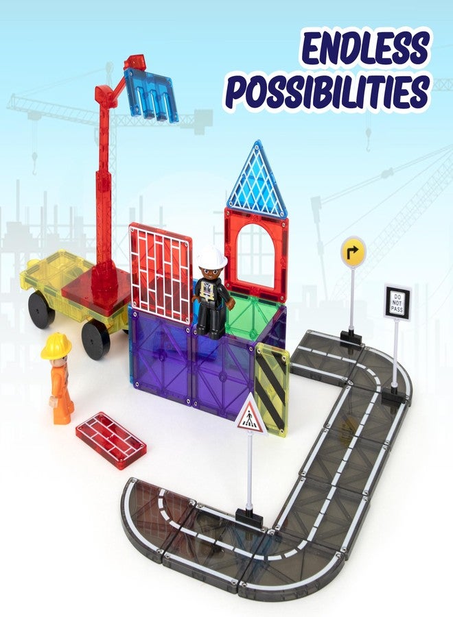 Playmags City Construction Magnetic Tiles Set, Building Blocks with Crane & Road Pieces, Educational STEM Toys for Boys & Girls Ages 3+ 52-Piece - Image 4