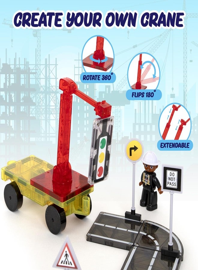 Playmags City Construction Magnetic Tiles Set, Building Blocks with Crane & Road Pieces, Educational STEM Toys for Boys & Girls Ages 3+ 52-Piece - Image 3