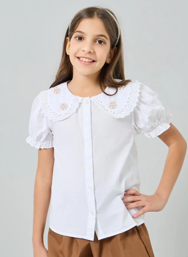 Styli Teens White Cotton Top with Embroidered Collar