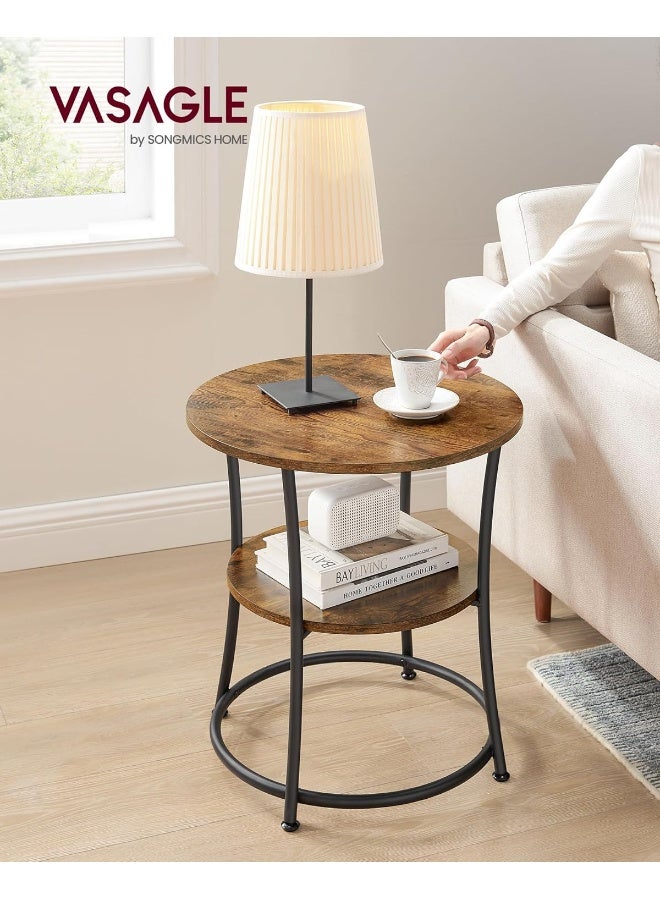 VASAGLE طاولة جانبية VASAGLE، طاولة نهاية مع 2 رفوف، طاولة صغيرة مستديرة لغرفة المعيشة، غرفة النوم، تجميع سهل، إطار فولاذي، صناعي، بني ريفي وأسود حبر - Image 2