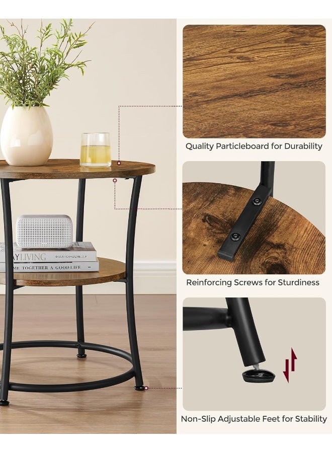 VASAGLE طاولة جانبية VASAGLE، طاولة نهاية مع 2 رفوف، طاولة صغيرة مستديرة لغرفة المعيشة، غرفة النوم، تجميع سهل، إطار فولاذي، صناعي، بني ريفي وأسود حبر - Image 5