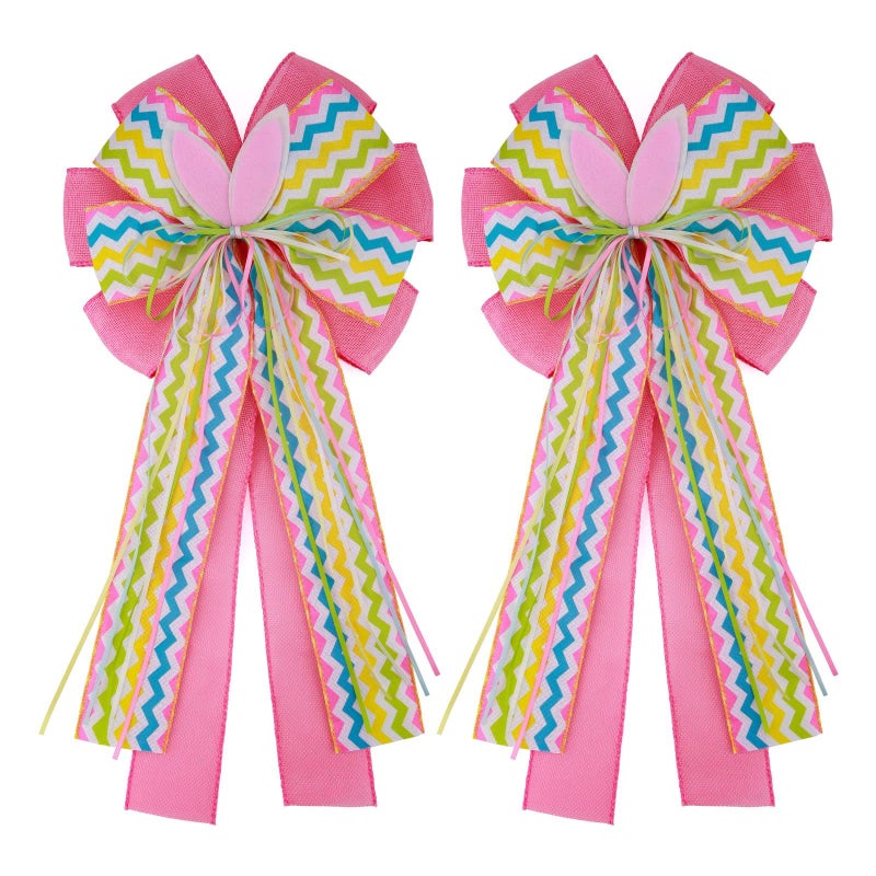 Meseey 2 Pcs Large Easter Burlap Bow 20 x 10 Inch Wreaths Spring Bunny Rabbit Bows for Gift Wrapping Tree Topper Front Door Party Home Decorations Easter