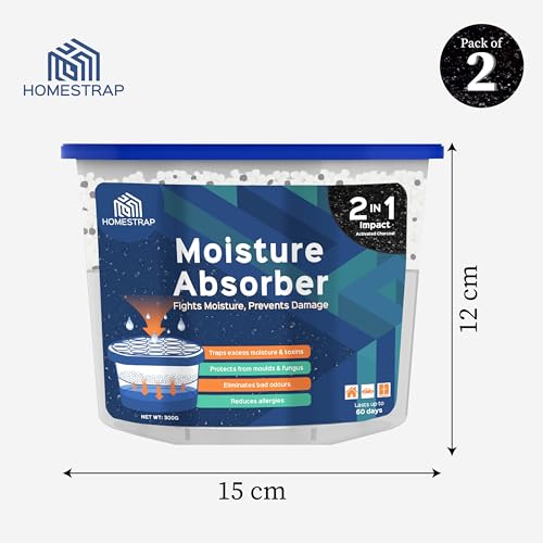 HomeStrap صندوق امتصاص الرطوبة Homestrap 600 مل (عبوة من 2) | مزيل الرطوبة لامتصاص الرطوبة لخزانة الملابس، الأدراج، الغرفة والسيارة | مكافحة الرطوبة، العفن، الفطريات (فحم|صندوق) - Image 2