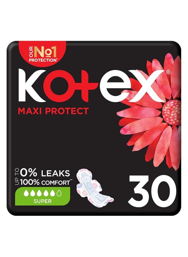 Kotex Maxi Protect Thick Pads, Super Size Sanitary Pads with Wings, 30 Sanitary Pads - Image 1