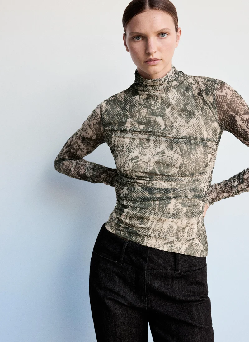 Mango Animal Print Ruched T-Shirt