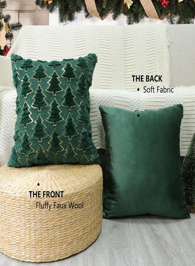 4TH Emotion Christmas Tree Decorative Pillow Covers 18x18 Set of 2, Green Soft Plush Faux Fur Farmhouse Throw Cushion Cases for Xmas Winter Holiday Home Decorations - Image 5