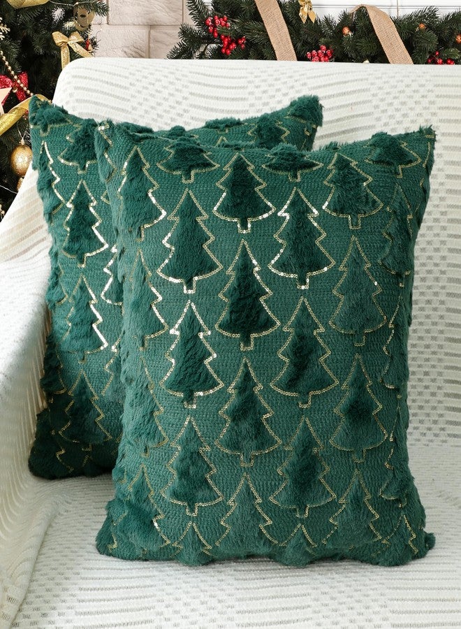 4TH Emotion Christmas Tree Decorative Pillow Covers 18x18 Set of 2, Green Soft Plush Faux Fur Farmhouse Throw Cushion Cases for Xmas Winter Holiday Home Decorations - Image 1