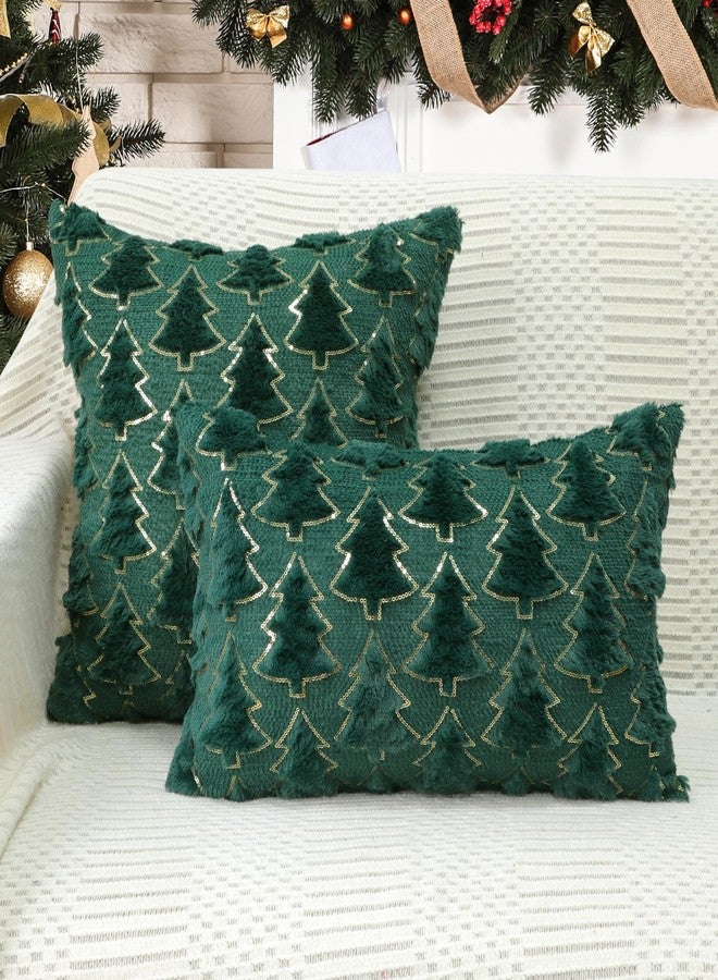 4TH Emotion Christmas Tree Decorative Pillow Covers 18x18 Set of 2, Green Soft Plush Faux Fur Farmhouse Throw Cushion Cases for Xmas Winter Holiday Home Decorations - Image 4
