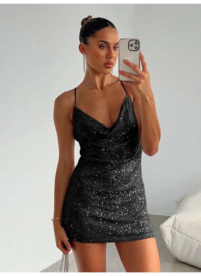 NIBEMINENT Euro-american Style Sweet Spice Girl Beaded Embellished Halter Dress Skirt Sequin Dress for Women  - Image 5