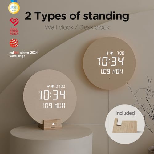 mooas Full Moon LED Silent Wooden Digital Wall Clock with Remote Control, Backlight Nightlight Digital Wood Wall Clock, Sunrise Alarm Melody, 5 Level Brightness Modern Decorative Office Livingroom - Image 2