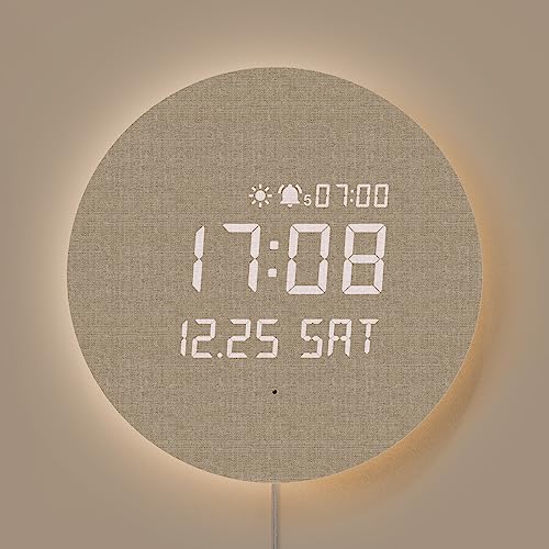mooas Full Moon LED Silent Wooden Digital Wall Clock with Remote Control, Backlight Nightlight Digital Wood Wall Clock, Sunrise Alarm Melody, 5 Level Brightness Modern Decorative Office Livingroom - Image 1