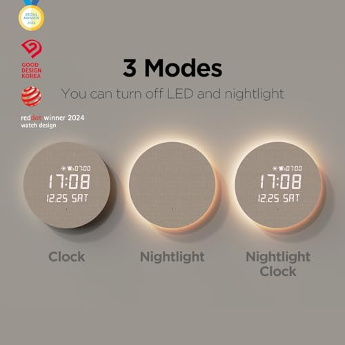mooas Full Moon LED Silent Wooden Digital Wall Clock with Remote Control, Backlight Nightlight Digital Wood Wall Clock, Sunrise Alarm Melody, 5 Level Brightness Modern Decorative Office Livingroom - Image 3