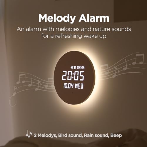 mooas Full Moon LED Silent Wooden Digital Wall Clock with Remote Control, Backlight Nightlight Digital Wood Wall Clock, Sunrise Alarm Melody, 5 Level Brightness Modern Decorative Office Livingroom - Image 5