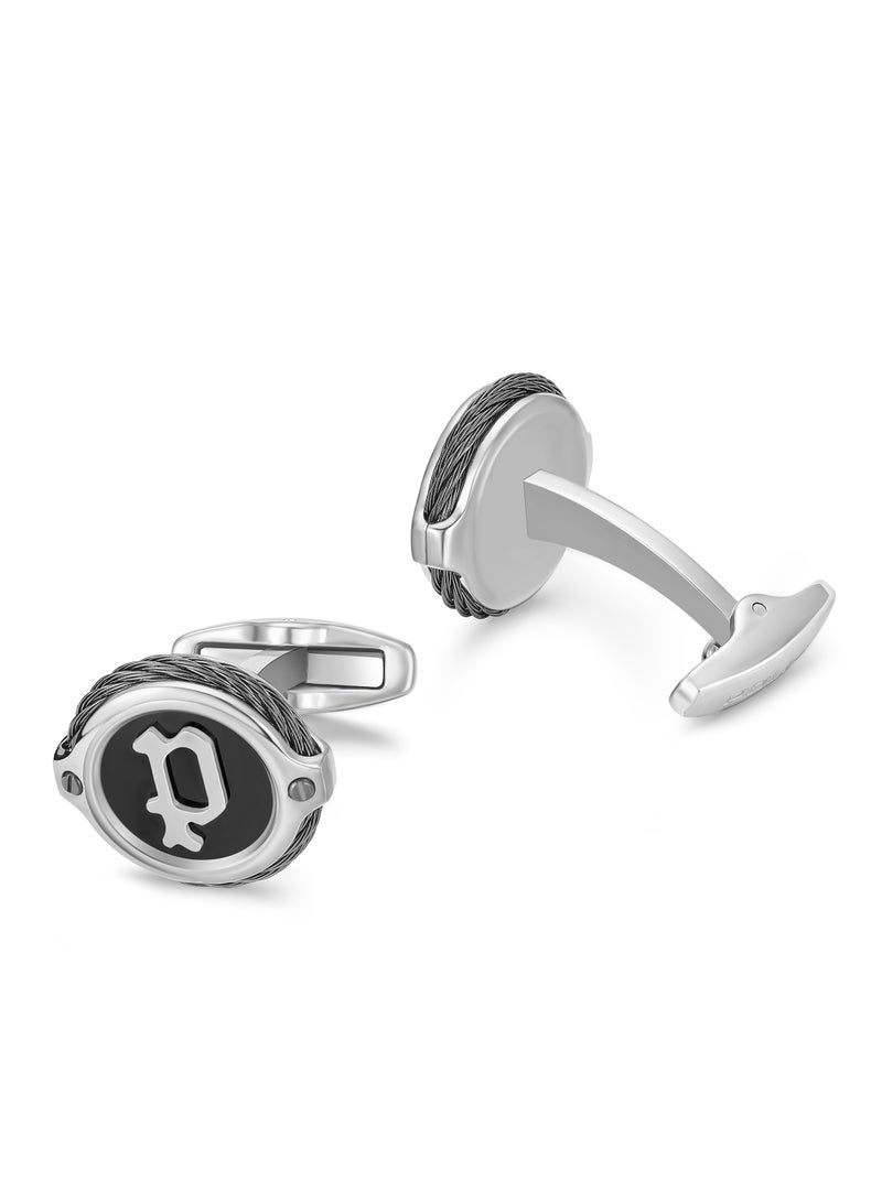 POLICE Wiregrip Stainless Steel Black and Grey Cufflinks for Men with P Logo  - Image 3