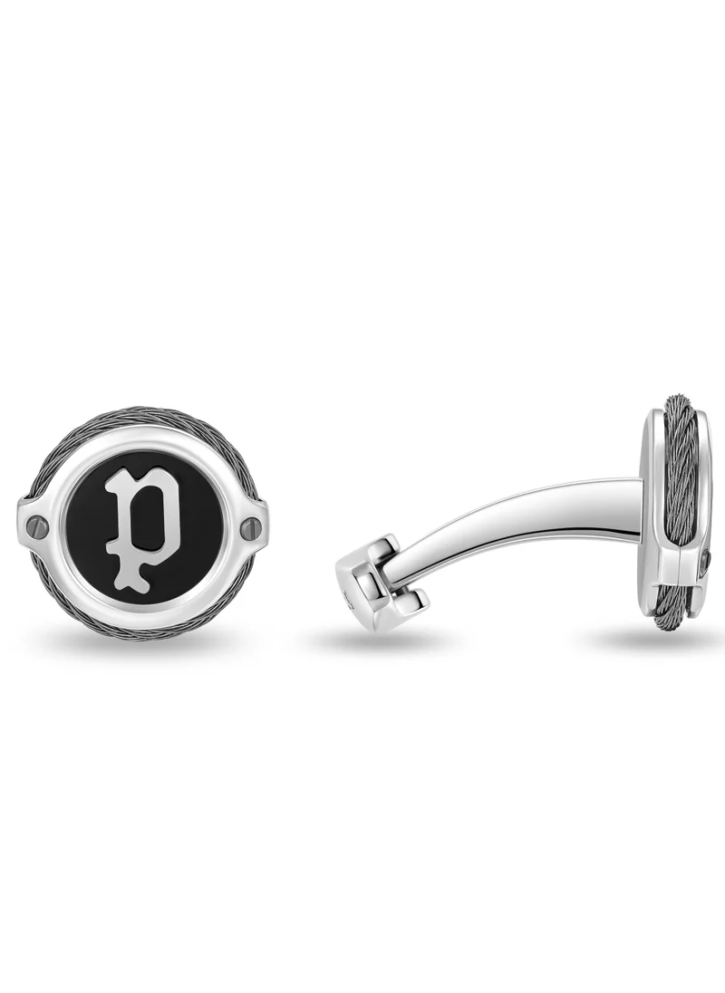 بوليس Wiregrip Stainless Steel Black and Grey Cufflinks for Men with P Logo
