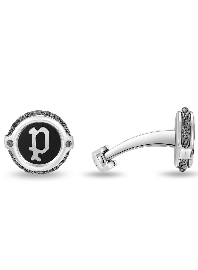 POLICE Wiregrip Stainless Steel Black and Grey Cufflinks for Men with P Logo  - Image 1