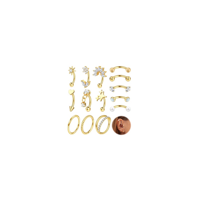 ORAZIO 16g Rook Piercing Jewelry Surgical Steel Vertical Labret Lip Jewelry Gold Eyebrow Piercing Rook Daith Earrings for Women Cartilage Curved Barbell Daith Surface Tragus Piercing Jewelry 14 Pcs G1 - Image 1