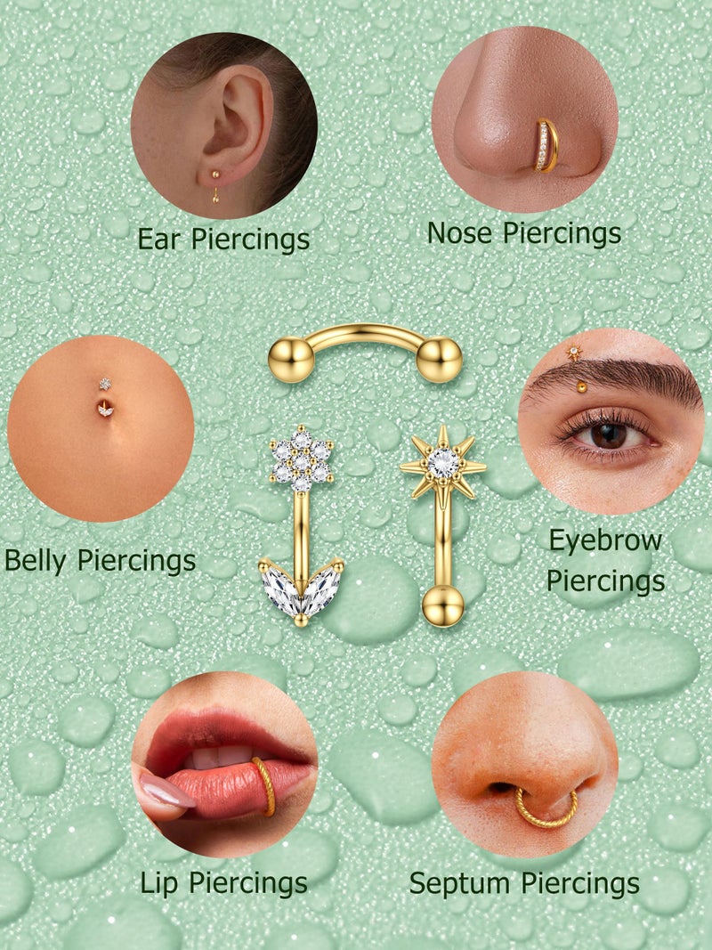 ORAZIO 16g Rook Piercing Jewelry Surgical Steel Vertical Labret Lip Jewelry Gold Eyebrow Piercing Rook Daith Earrings for Women Cartilage Curved Barbell Daith Surface Tragus Piercing Jewelry 14 Pcs G1 - Image 4