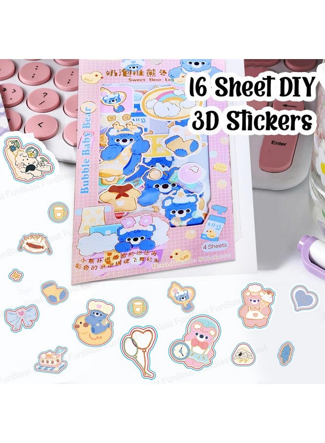 فنبلاست مجموعة ملصقات FunBlast Kawaii - 16 ورقة (100 قطعة) ملصقات ثلاثية الأبعاد DIY للبنات، ملصقات جمالية، ملصقات للتدوين، سجل القصاصات، مجموعة ملصقات لطيفة (سجل الدب الحلو 4 × 4 = 16 ورقة) - Image 3