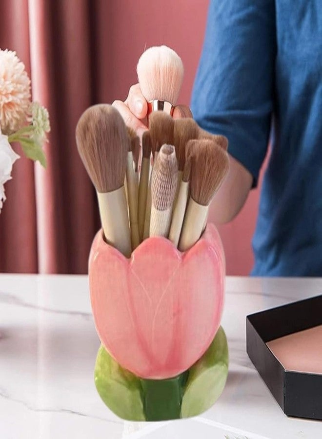 lyvantha Pink Pencil Holder,Ceramic Tulip Pen Holder, Multi-Purpose Makeup Brush, Aesthetic Office Vanity Kitchen Desktop Decor,Perfect Birthday Christmas Gift for Women Girls - Image 3