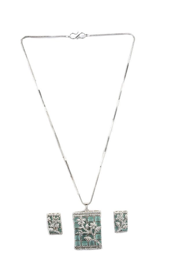 StileAdda Silver-Plated American Diamond Studded Turquoise Blue Jewellery Set - Image 2