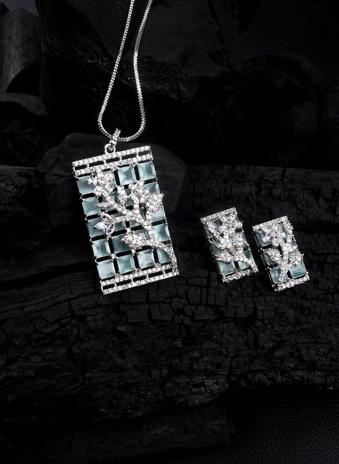 StileAdda Silver-Plated American Diamond Studded Turquoise Blue Jewellery Set - Image 1