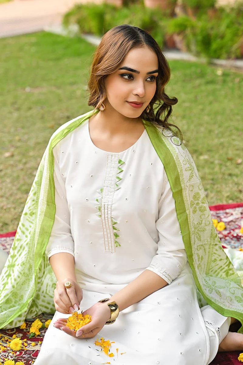 ZERESOUQ Green Rayon Blend Solid Embroidered Straight Kurta Set