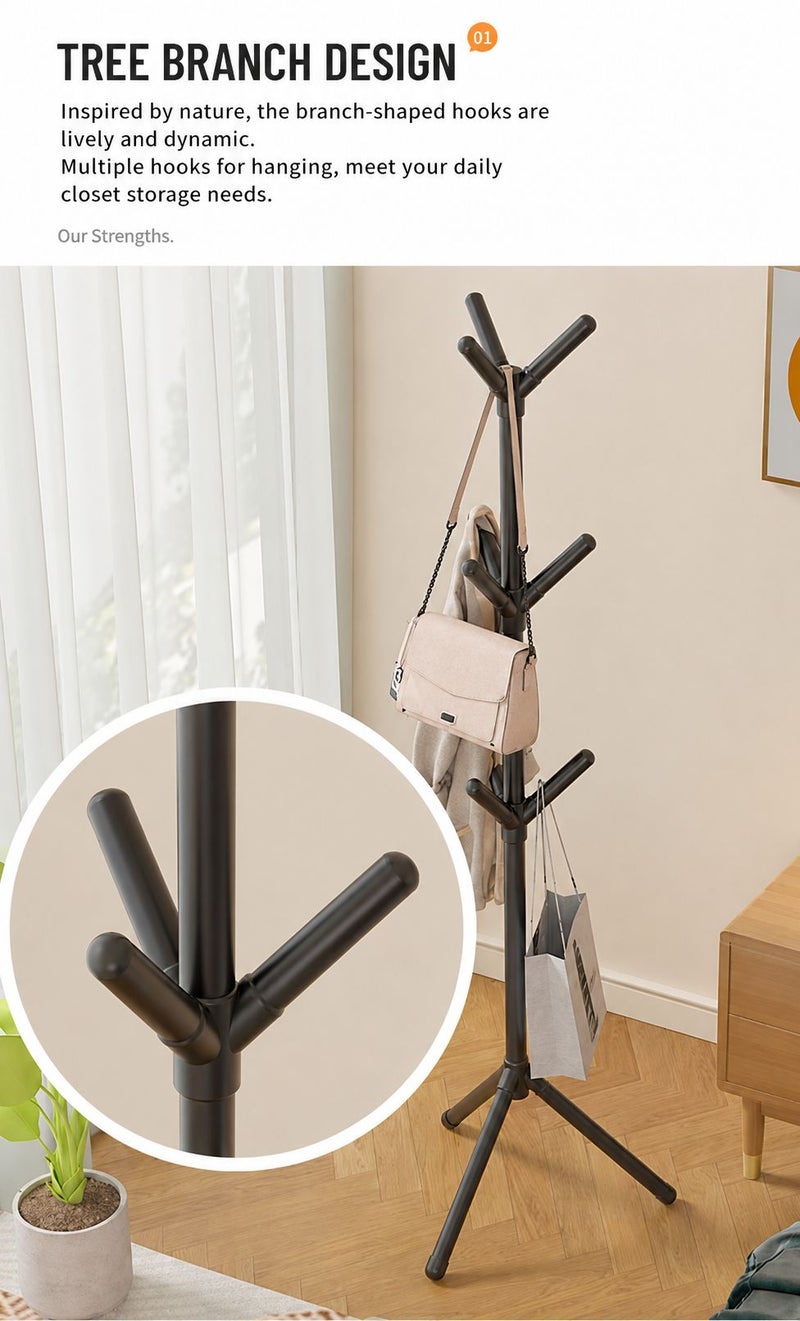 MP Coat Rack Freestanding Coat Hanger Stand, Metal Coat Tree with 9 Hooks for Clothes, Hats, Bags and Scarves, Floor Standing Clothes Rack for Entryway, Bedroom and Living Room,  Black - Image 3