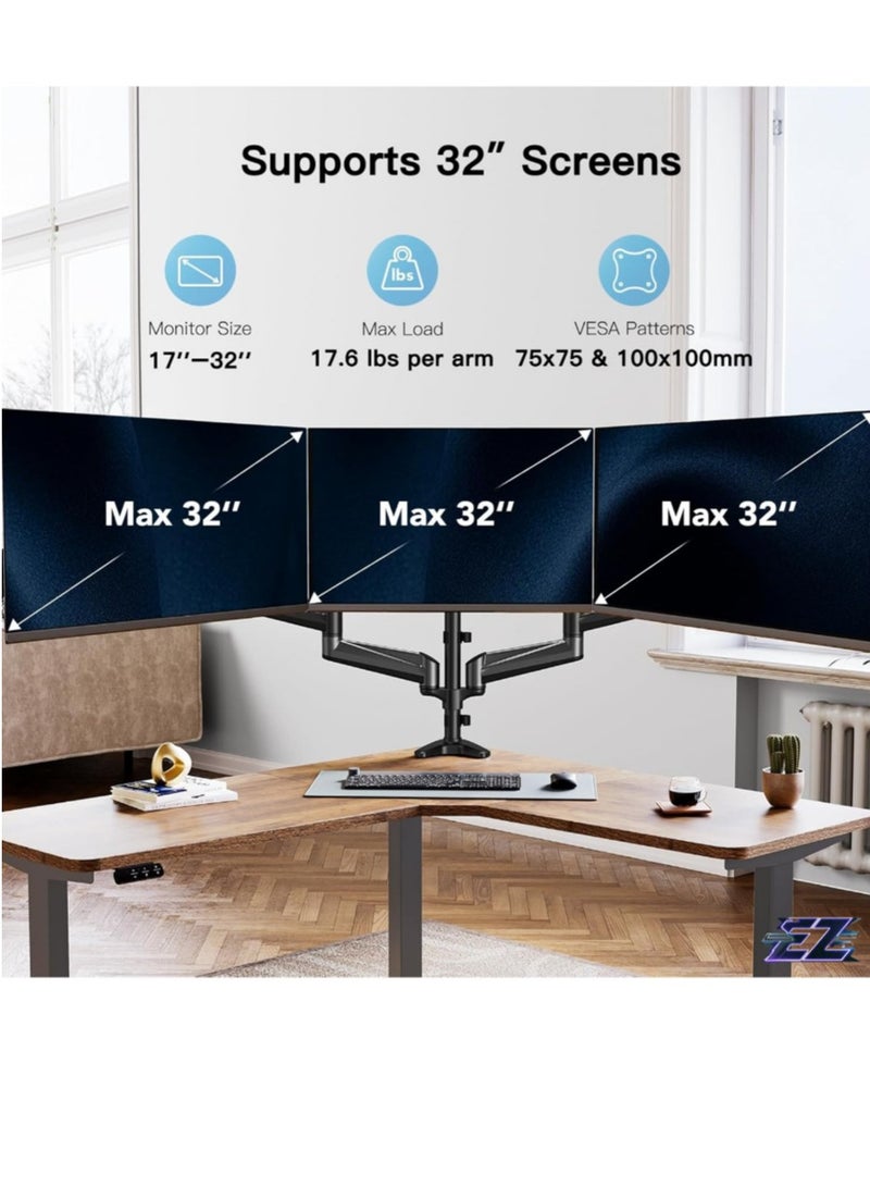 ELTRAZONE "Triple Monitor Mount for 17-32 Inch Screens – Height Adjustable Monitor Arm, Holds 8kg per Arm, Black"  - Image 2