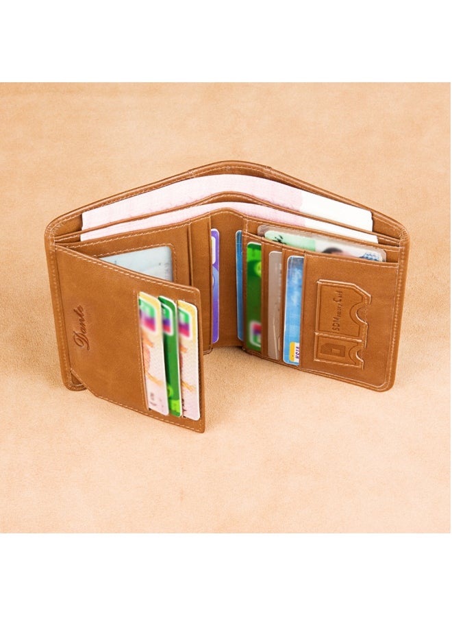 دانتي محفظة رجالية، طبقة علوية من جلد البقر، ثلاثة جوانب، محفظة رجالية، RFID مضادة للسرقة، بني شمعي (بطاقة مضادة للسرقة) - Image 2